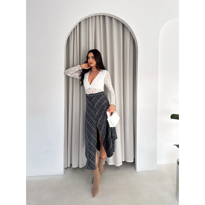 Antrasit Ekoseli Önü Düğmeli Kemerli Etek