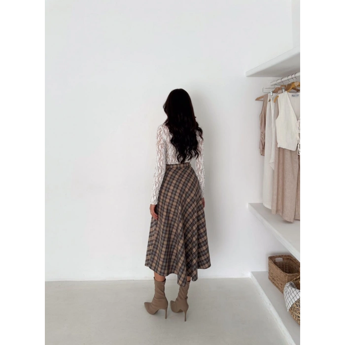 Bej Ekoseli Önü Düğmeli Kemerli Etek