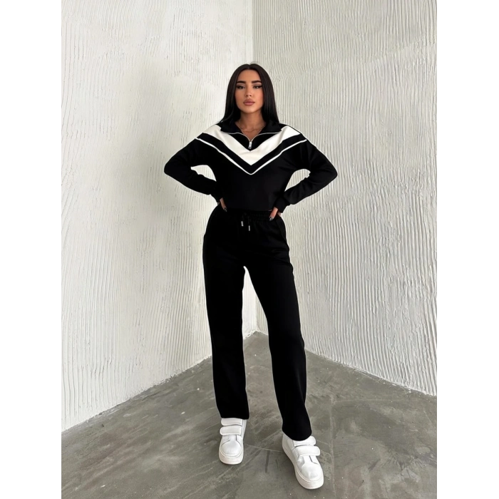 Siyah Şardonlu Modal Garnili Eşofman Takımı