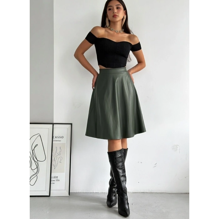 Haki Deri Kloş Etek