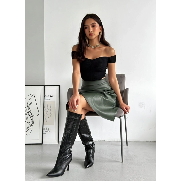 Haki Deri Kloş Etek