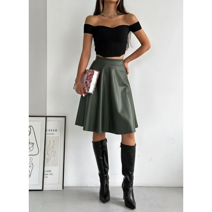 Haki Deri Kloş Etek