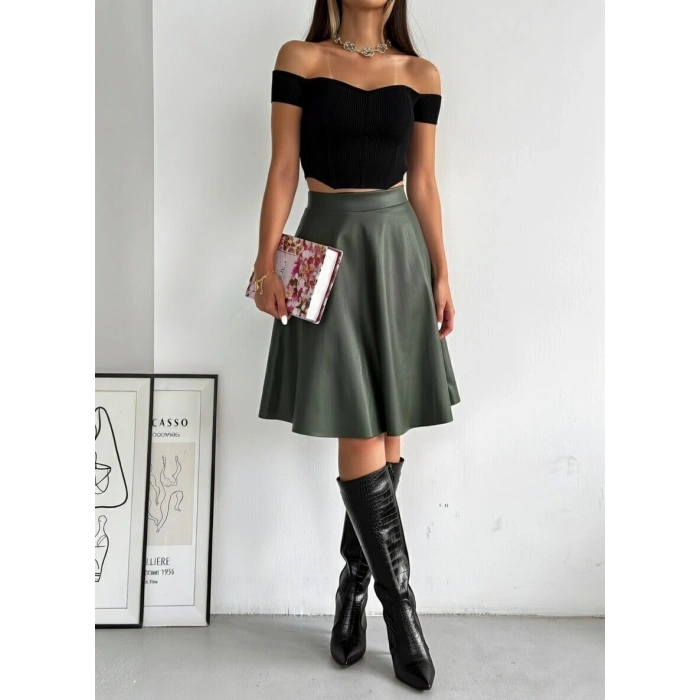 Haki Deri Kloş Etek