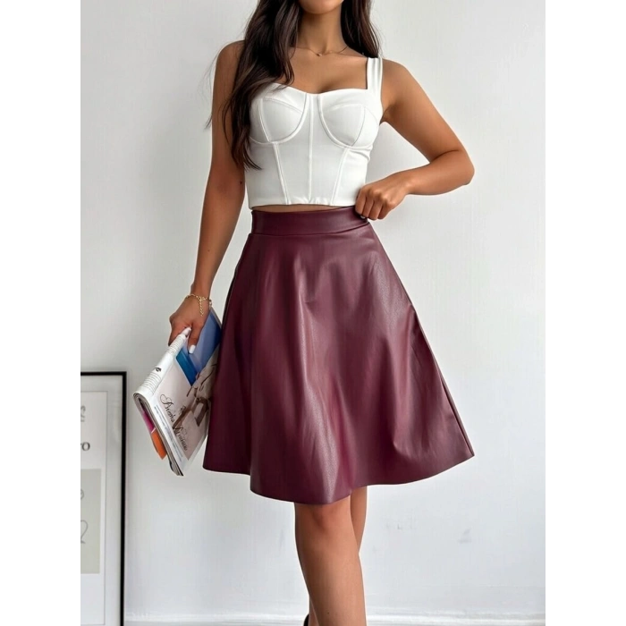 Bordo Deri Kloş Etek