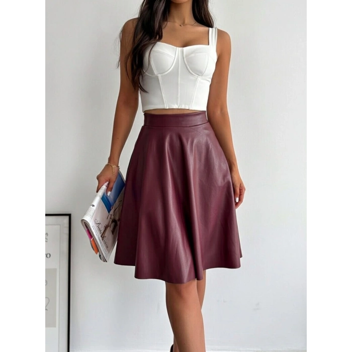 Bordo Deri Kloş Etek