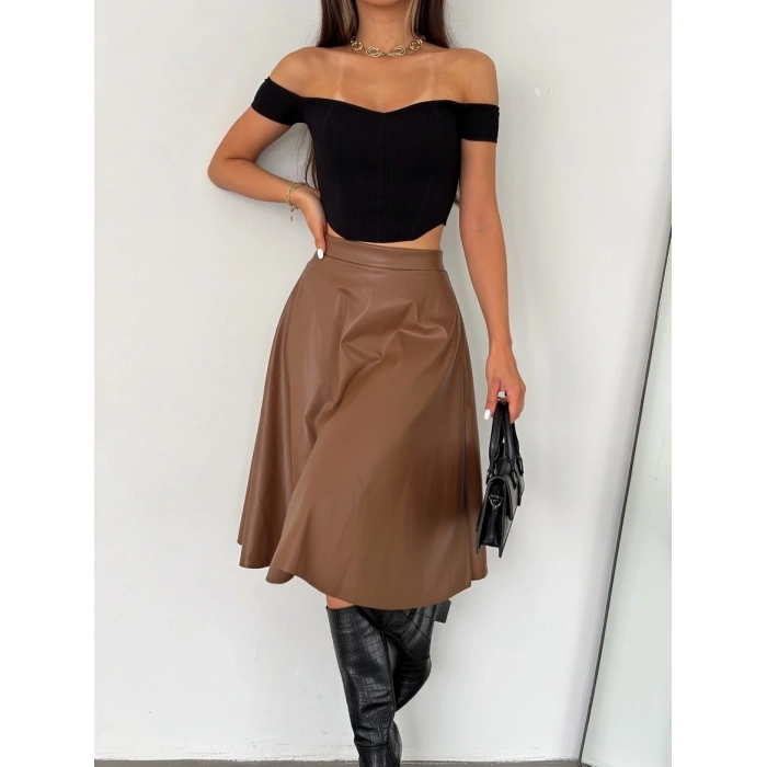 Kahve Deri Kloş Etek