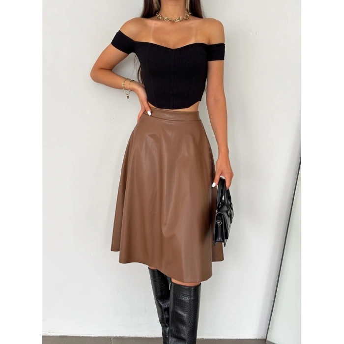 Kahve Deri Kloş Etek