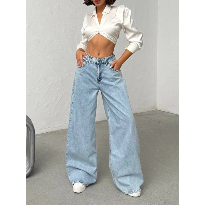 Mavi Arkadan Yırtık Baggy Jean Pantolon