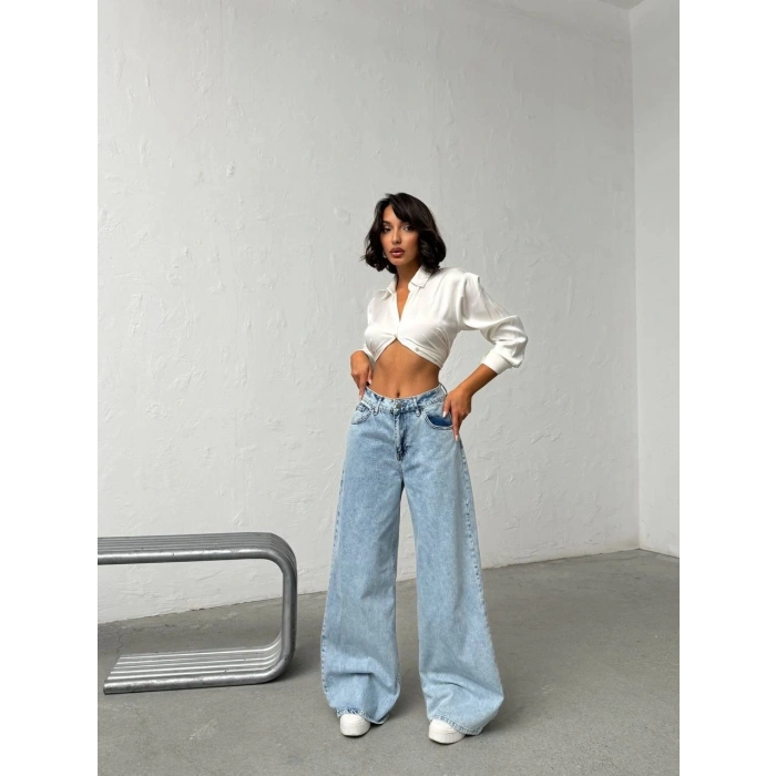 Mavi Arkadan Yırtık Baggy Jean Pantolon