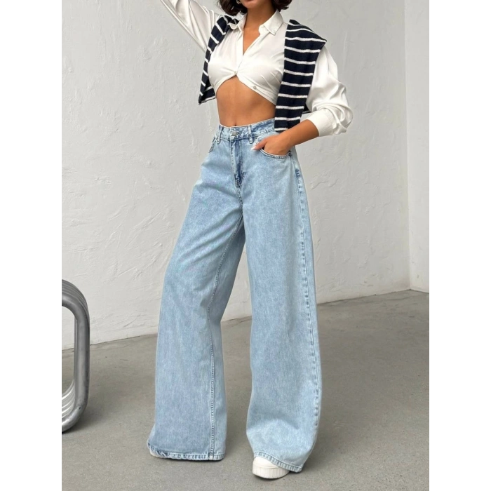 Mavi Arkadan Yırtık Baggy Jean Pantolon