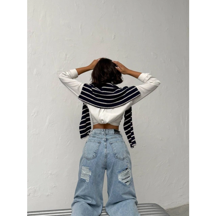 Mavi Arkadan Yırtık Baggy Jean Pantolon