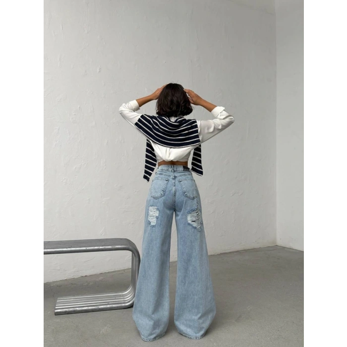 Mavi Arkadan Yırtık Baggy Jean Pantolon