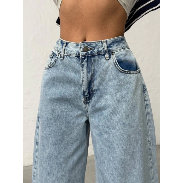 Mavi Arkadan Yırtık Baggy Jean Pantolon