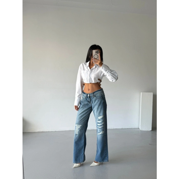 Mavi ZR Yırtık Baggy Jean Pantolon