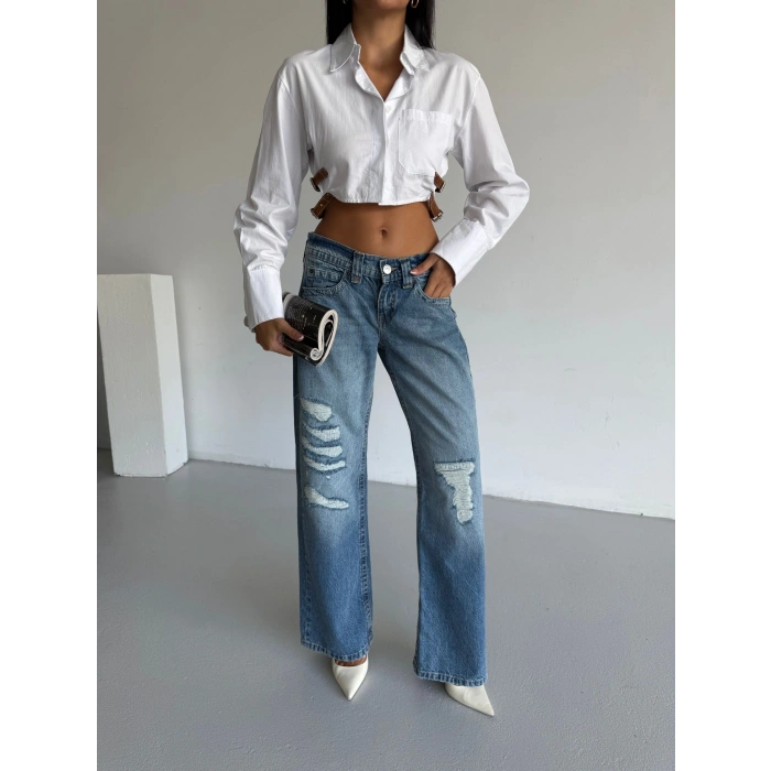 Mavi ZR Yırtık Baggy Jean Pantolon