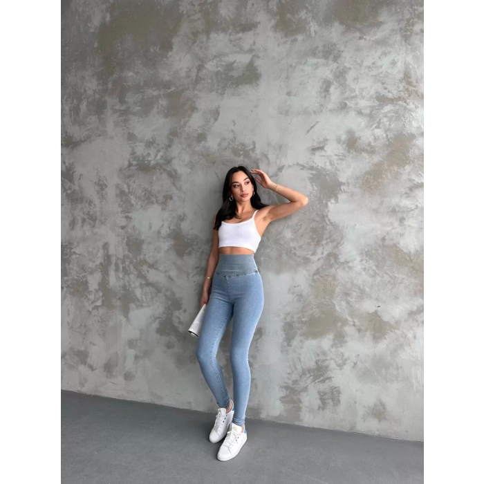 Buz Mavisi Yüksel Bel İnceltici Esnek Likralı Kot Tayt