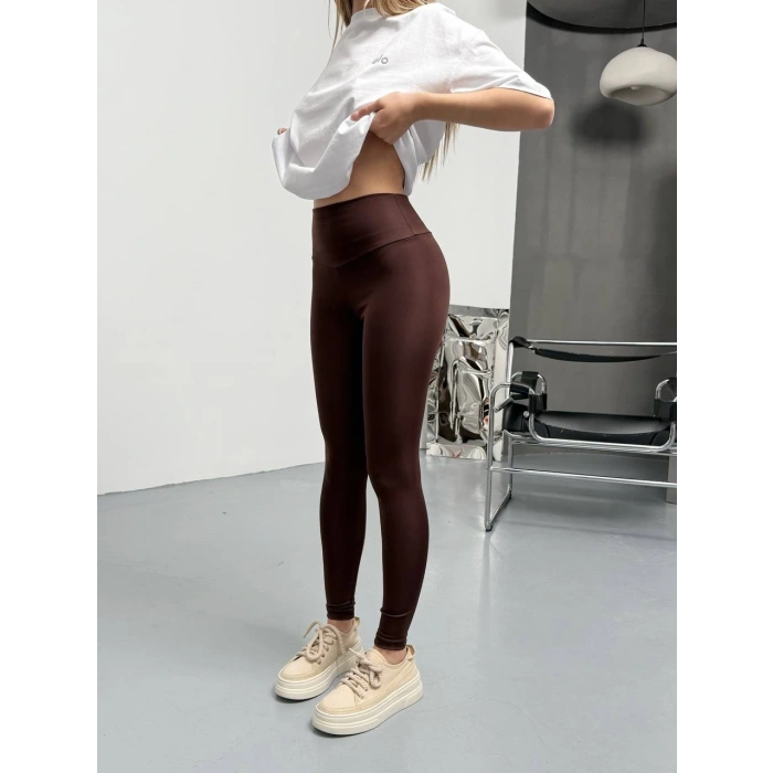 Kahve Alo Bilek Baskılı Sıkılaştırıcı Yüksek Bel Tayt