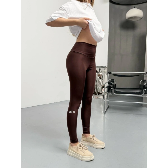 Kahve Alo Bilek Baskılı Sıkılaştırıcı Yüksek Bel Tayt