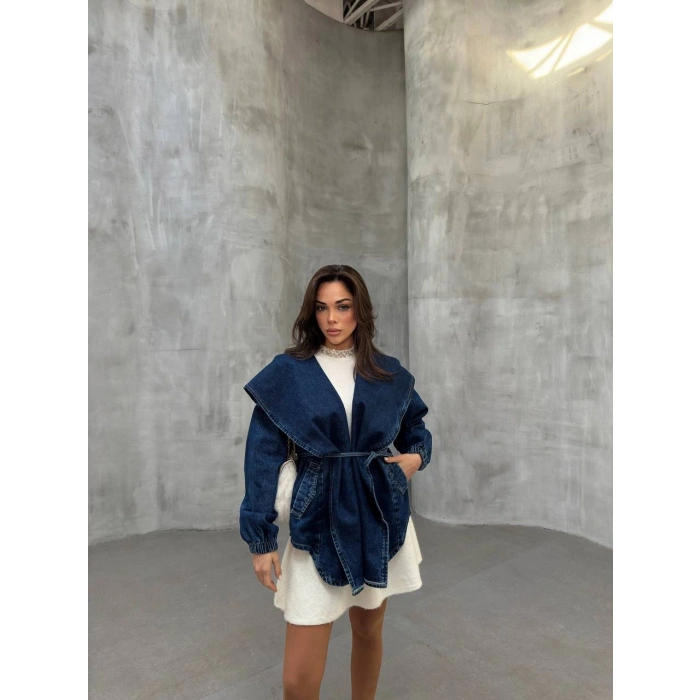 Mavi Arkadan V Yırtmaç Kapşonlu Kot Mont