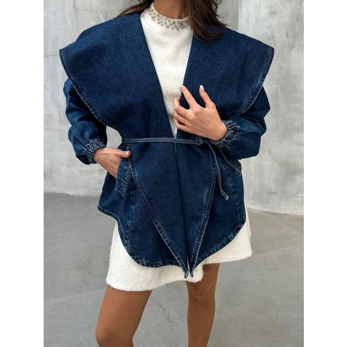 Mavi Arkadan V Yırtmaç Kapşonlu Kot Mont