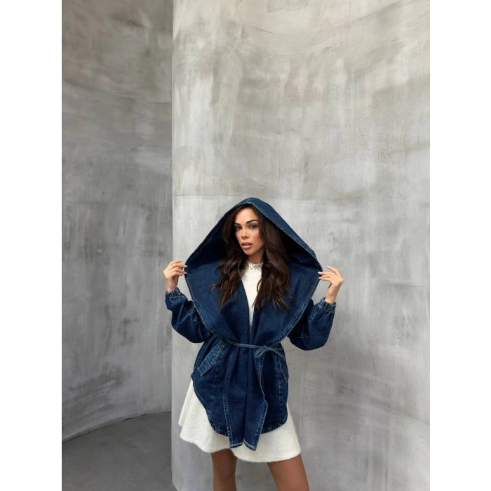 Mavi Arkadan V Yırtmaç Kapşonlu Kot Mont