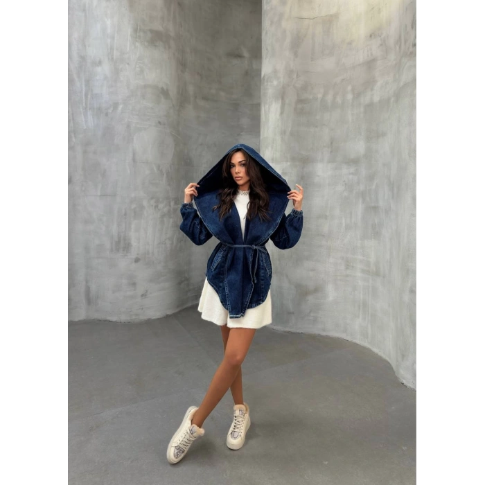 Mavi Arkadan V Yırtmaç Kapşonlu Kot Mont