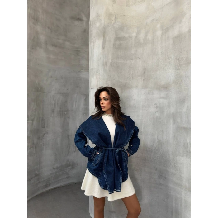 Mavi Arkadan V Yırtmaç Kapşonlu Kot Mont