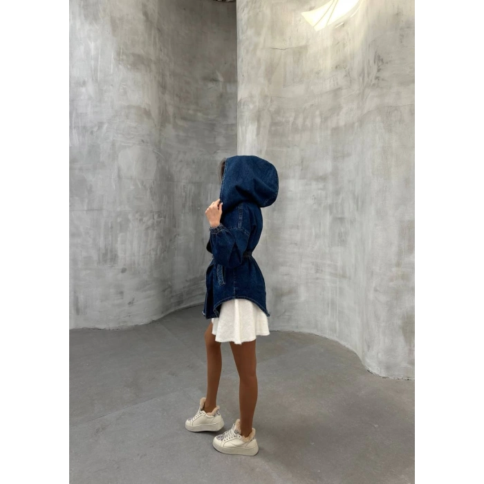 Mavi Arkadan V Yırtmaç Kapşonlu Kot Mont