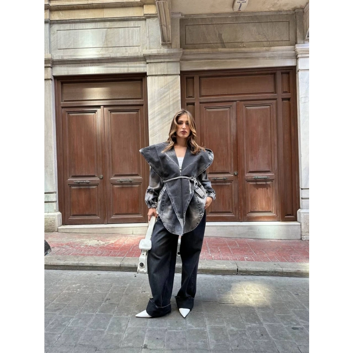 Antrasit Arkadan V Yırtmaç Kapşonlu Kot Mont