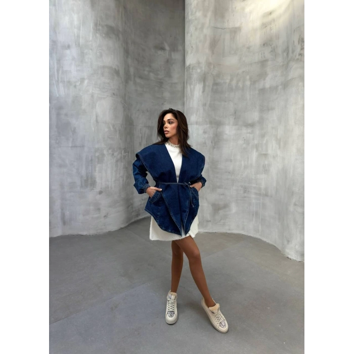 Mavi Arkadan V Yırtmaç Kapşonlu Kot Mont