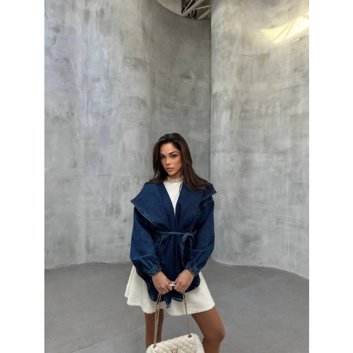 Mavi Arkadan V Yırtmaç Kapşonlu Kot Mont