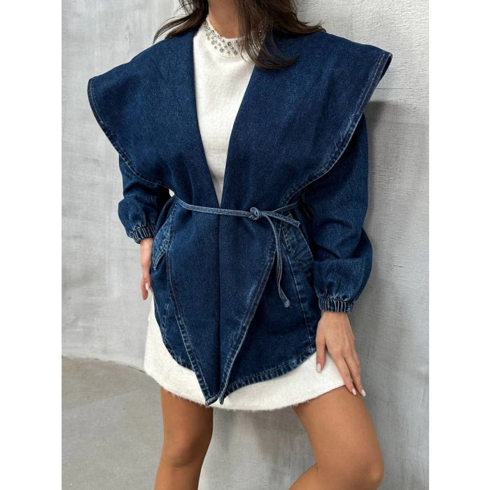 Mavi Arkadan V Yırtmaç Kapşonlu Kot Mont