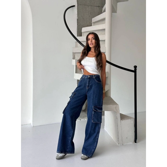 Lacivert Kargo Cep Oversize Kot Pantolon