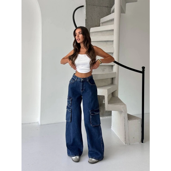 Lacivert Kargo Cep Oversize Kot Pantolon