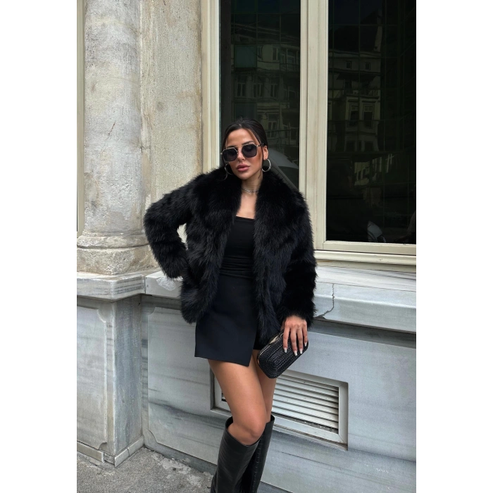 Siyah Şal Yaka İçi Astarlı Kürk Kaban