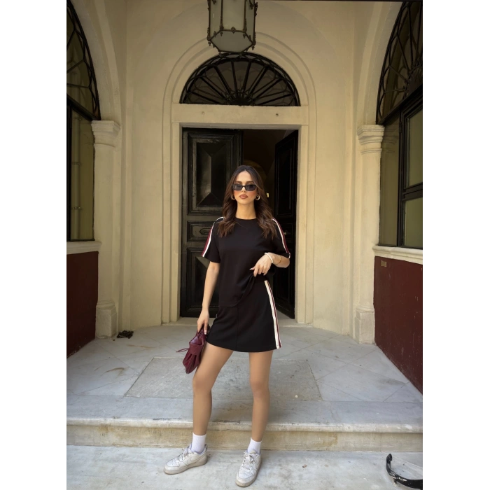 Siyah Şeritli Şort Etekli Modal Takım