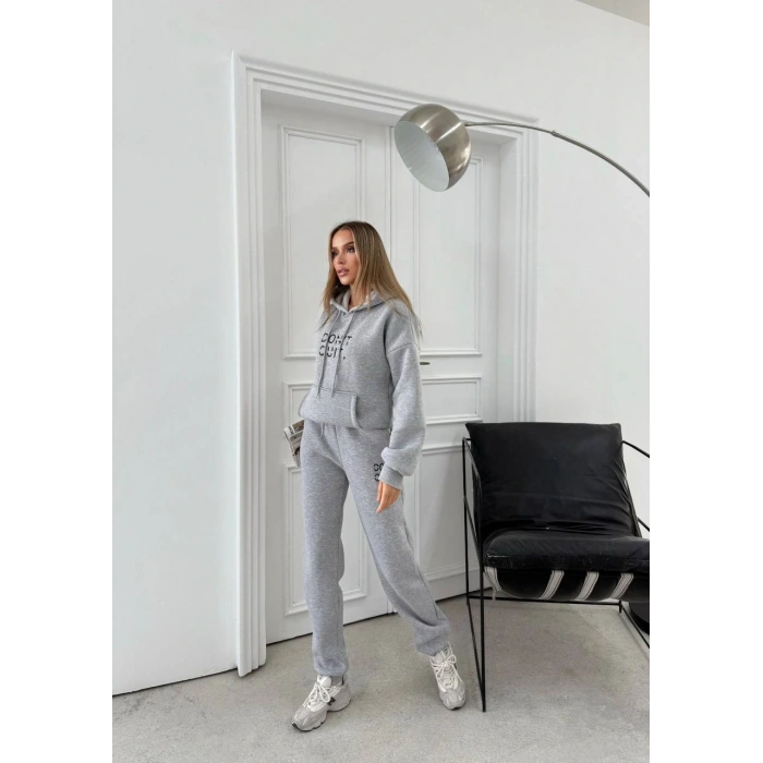 Gri Dont Quid Üç İplik Kapşonlu Eşofman Takımı