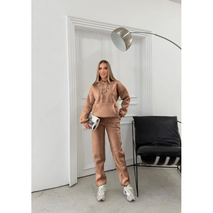 Bej Dont Quid Üç İplik Kapşonlu Eşofman Takımı