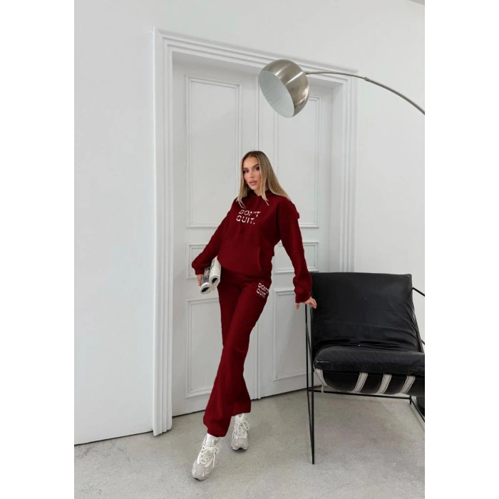 Bordo Dont Quid Üç İplik Kapşonlu Eşofman Takımı