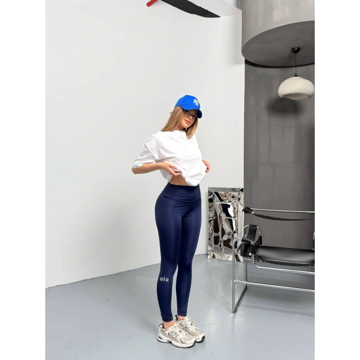 Lacivert Alo Bilek Baskılı Sıkılaştırıcı Yüksek Bel Tayt