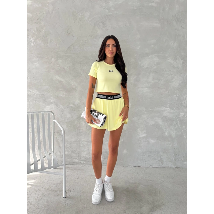 Sarı Alo Çizgili Ribana Şort Etekli Takım