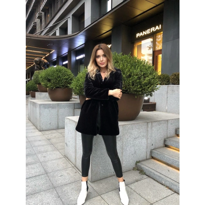 Siyah Kapşonlu İçi Astarlı Rabbit Peluş Kaban