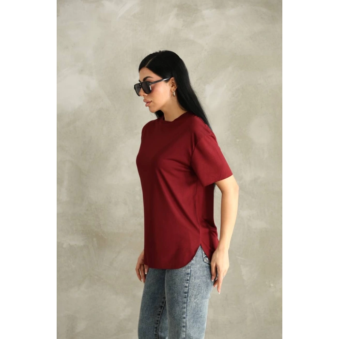 Bordo Oysho Yırtmaçlı Modal Oversize Tshirt