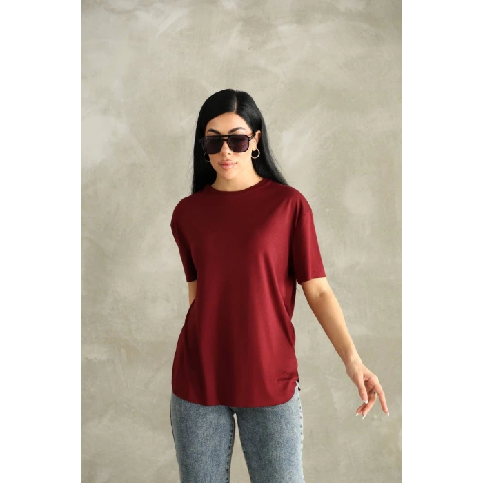 Bordo Oysho Yırtmaçlı Modal Oversize Tshirt