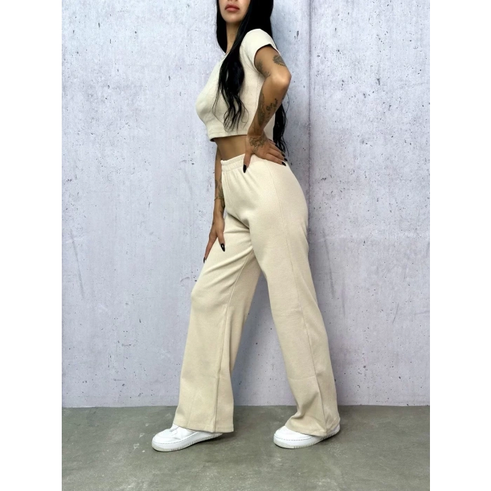 Bej Palazzo Crop İkili Takım