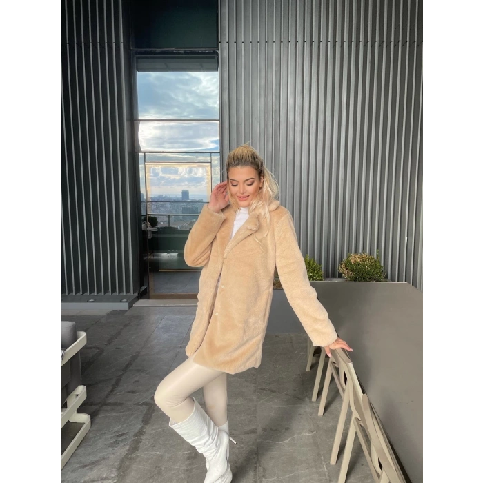 Bej Şal Yaka İçi Astarlı Rabbit Peluş Kaban