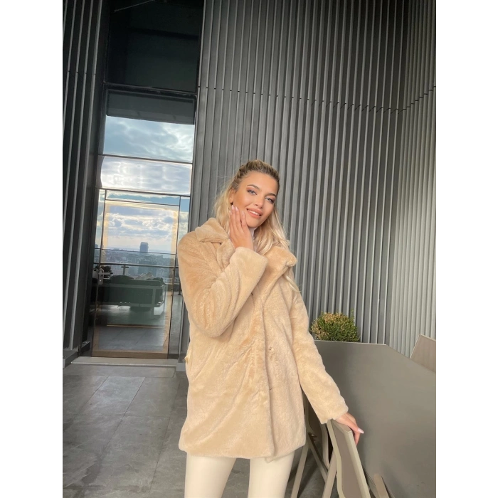 Bej Şal Yaka İçi Astarlı Rabbit Peluş Kaban