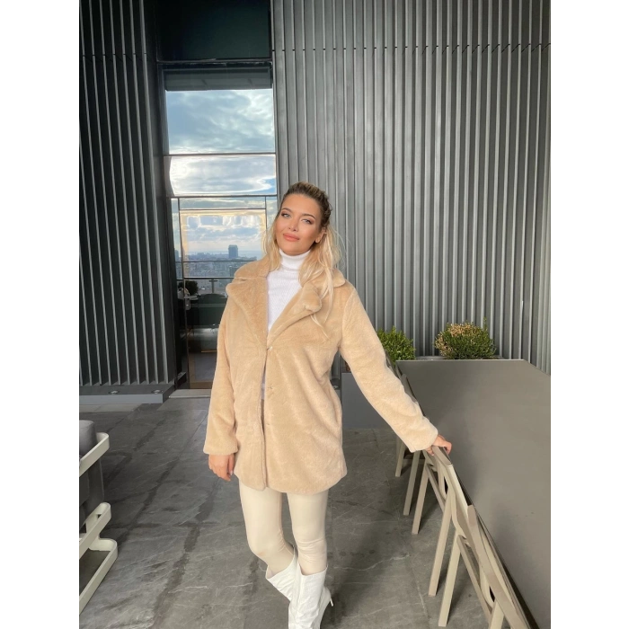 Bej Şal Yaka İçi Astarlı Rabbit Peluş Kaban