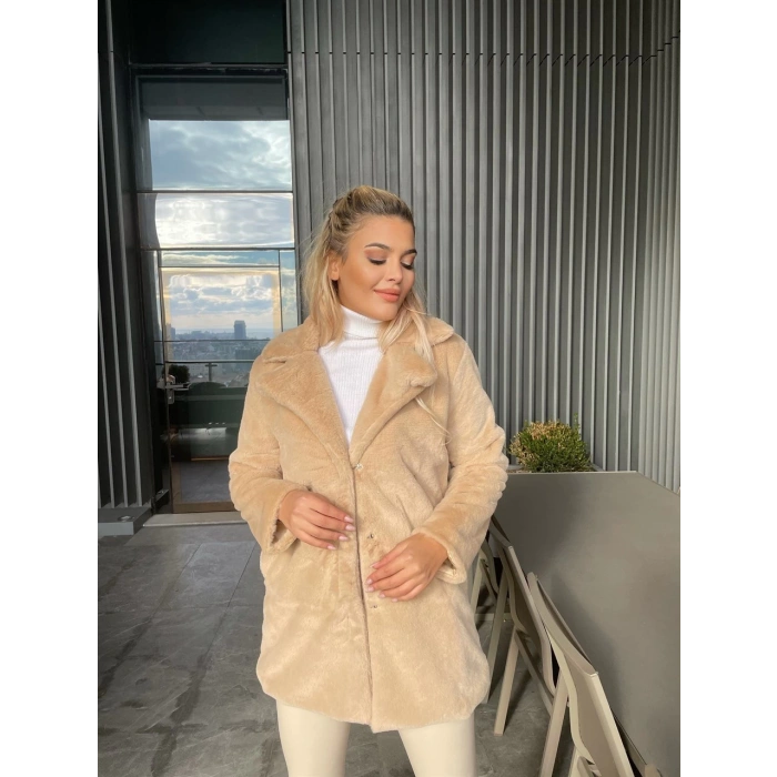 Bej Şal Yaka İçi Astarlı Rabbit Peluş Kaban