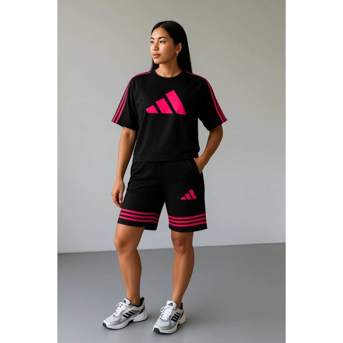 Siyah ADD Fuşya Çizgili Oversize Unisex Şortlu Takım